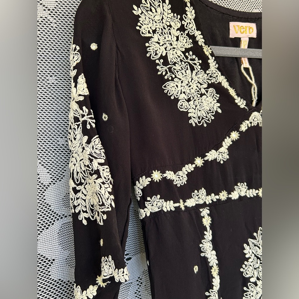 **VERB** Black/White Cocktail Mini Dress, 3/4” sleeve, Hand Embroidered - Picture 2 of 9